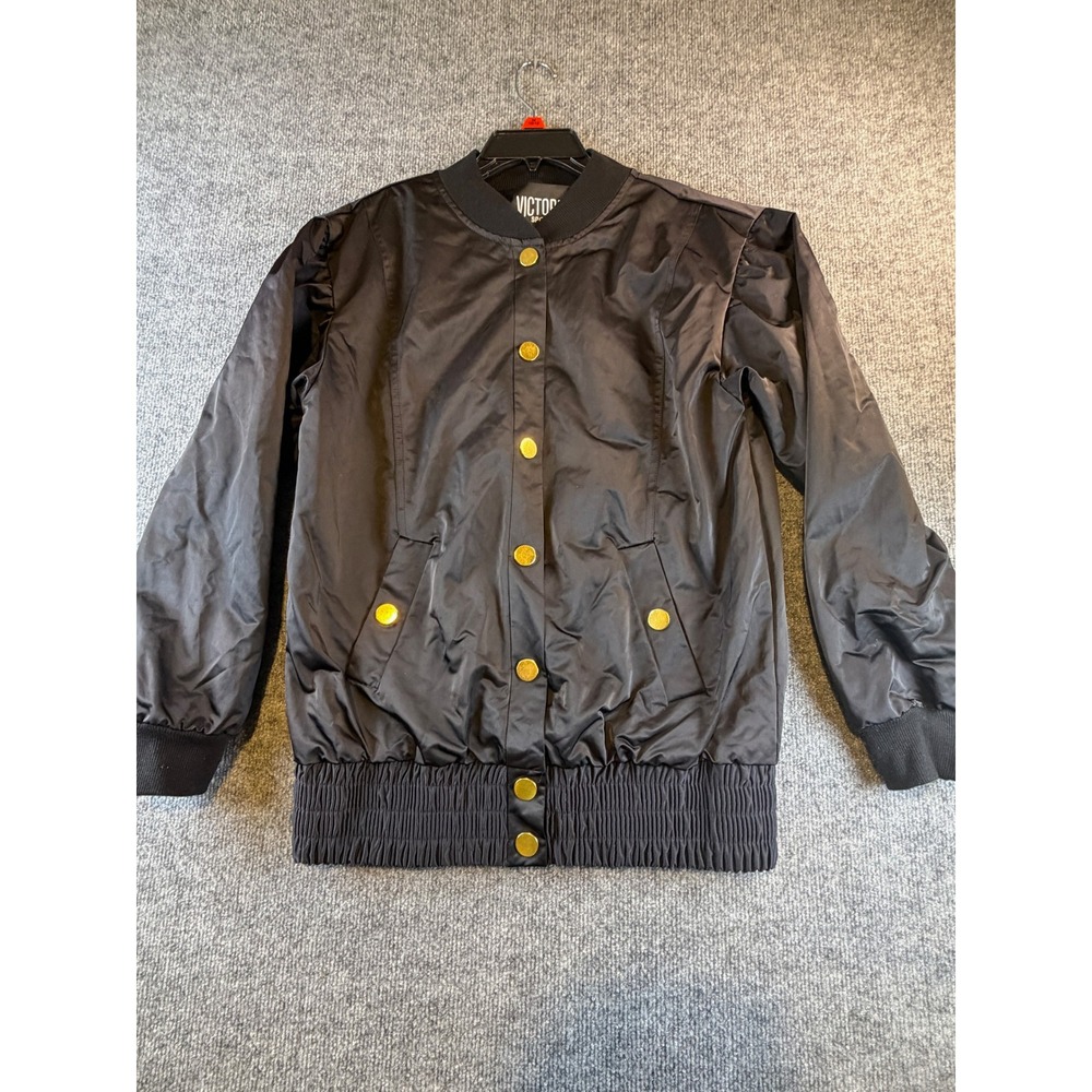 Victoria Sport Black Bomber Jacket Gold Snaps Smocked Waist Small